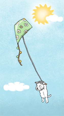Highland Terrier using a kite as a hang-glider